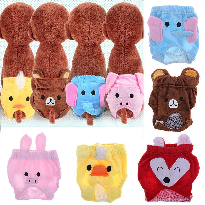 Reusable dog diaper belly band in flannel and mesh with cartoon bear and elephant print, available in five colours and four sizes.