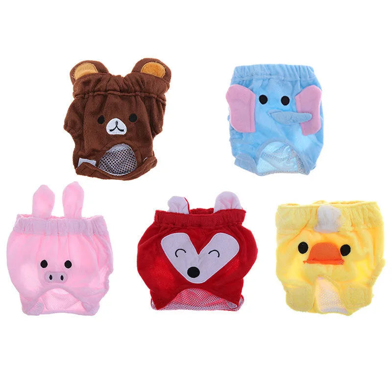 Reusable dog diaper belly band in flannel and mesh with cartoon bear and elephant print, available in five colours and four sizes.