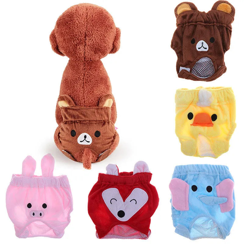 Reusable dog diaper belly band in flannel and mesh with cartoon bear and elephant print, available in five colours and four sizes.