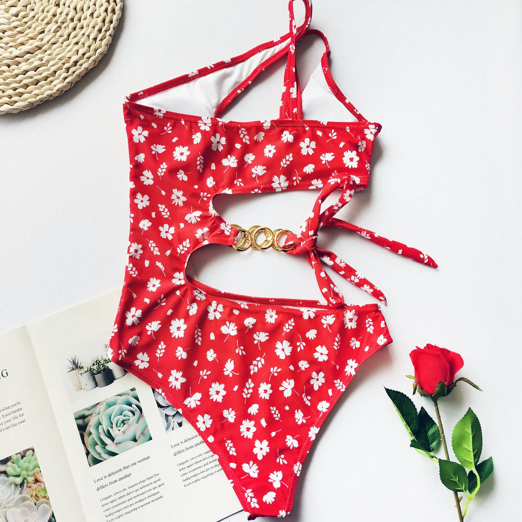 Red small floral split bikini with irregular stitching and chest pad, polyester fabric, size L M and S