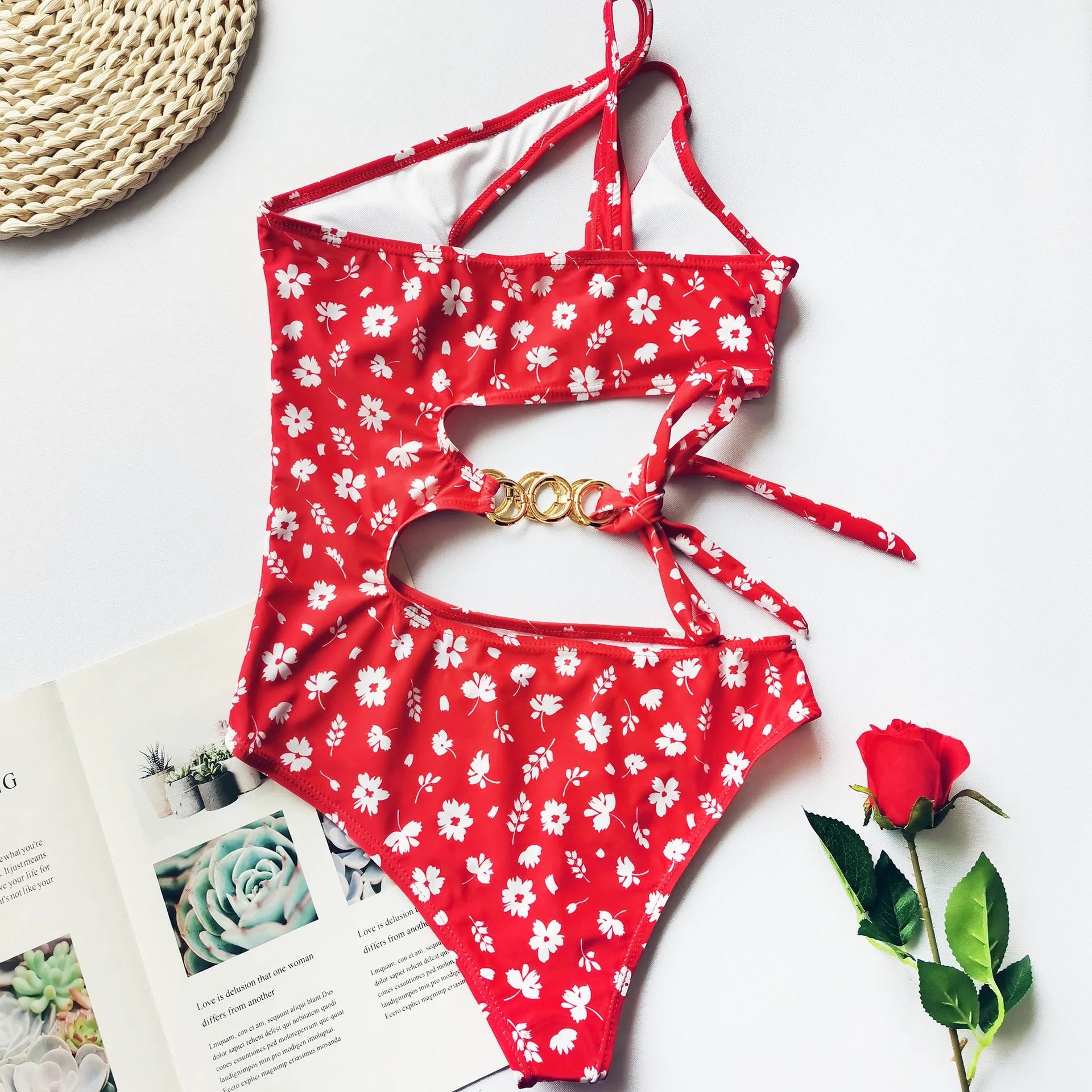 Red small floral split bikini with irregular stitching and chest pad, polyester fabric, size L M and S