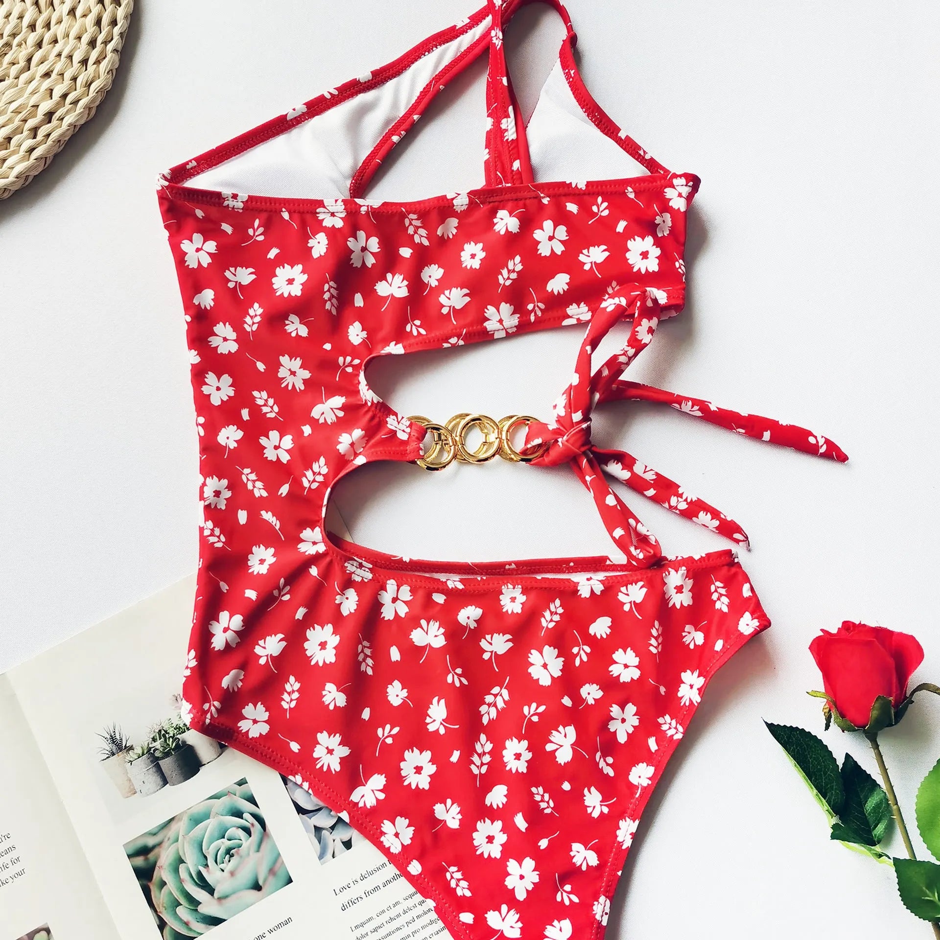 Red small floral split bikini with irregular stitching and chest pad, polyester fabric, size L M and S