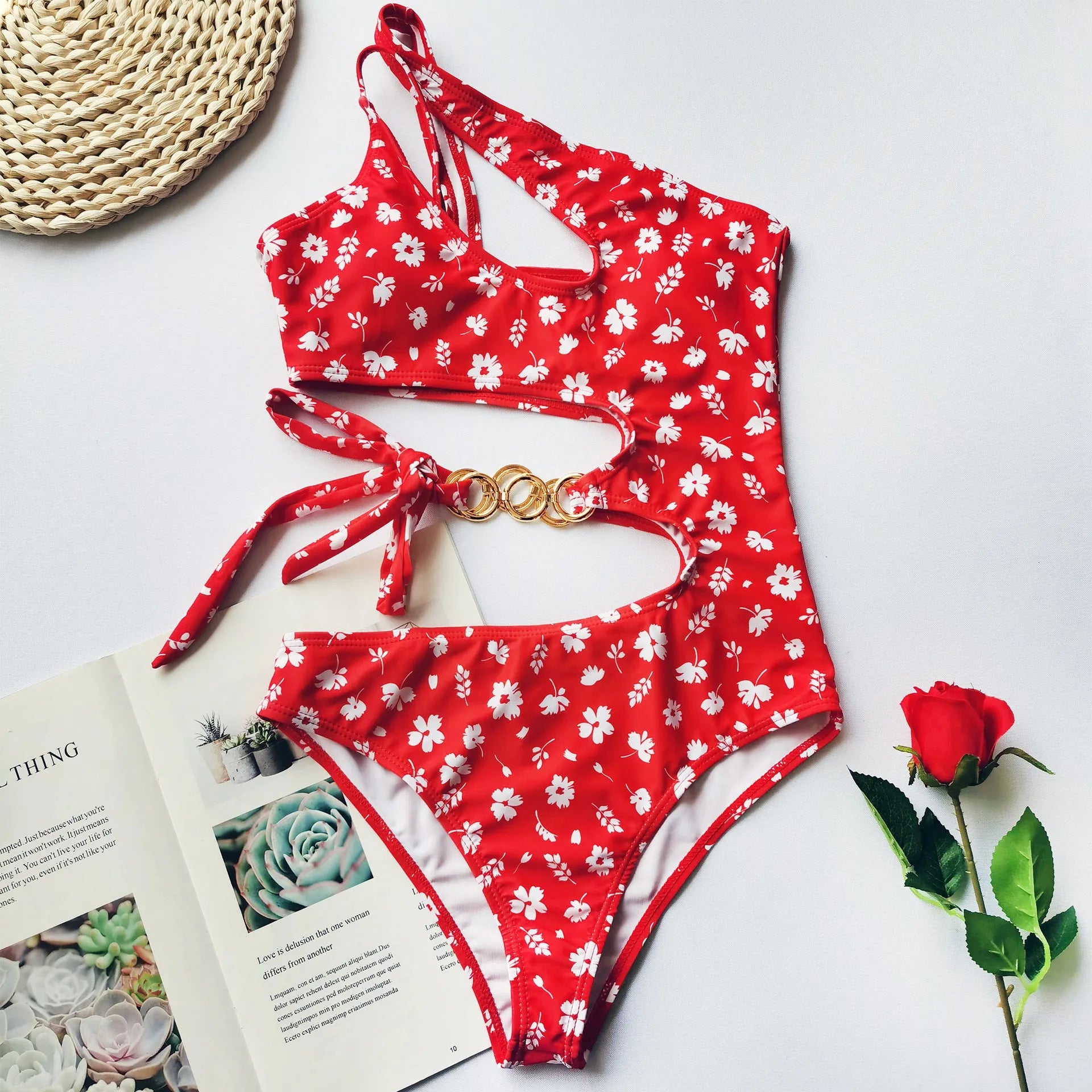 Red small floral split bikini with irregular stitching and chest pad, polyester fabric, size L M and S