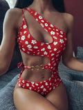 Red small floral split bikini with irregular stitching and chest pad, polyester fabric, size L M and S