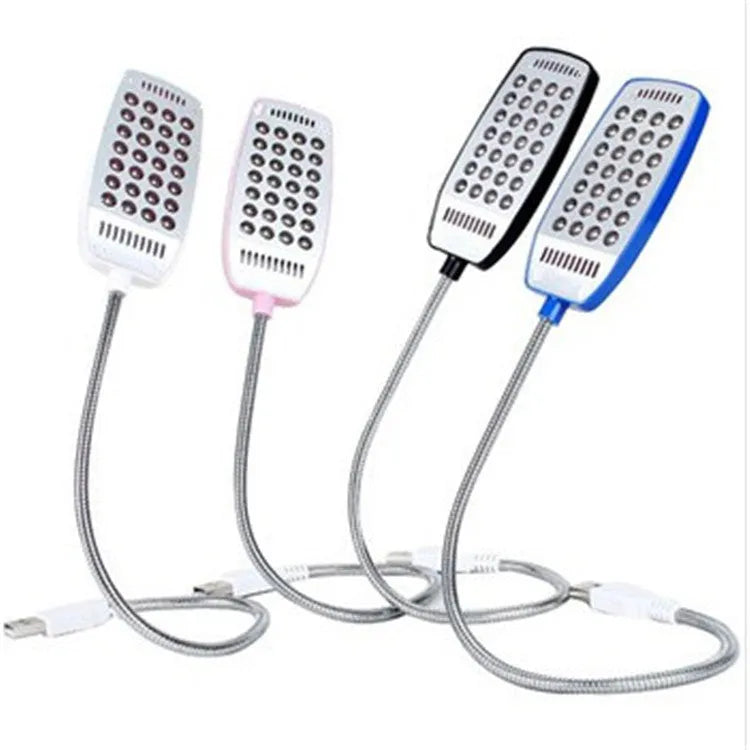 Flexible gooseneck USB LED desk lamp with clamp base in black, white, blue, or pink