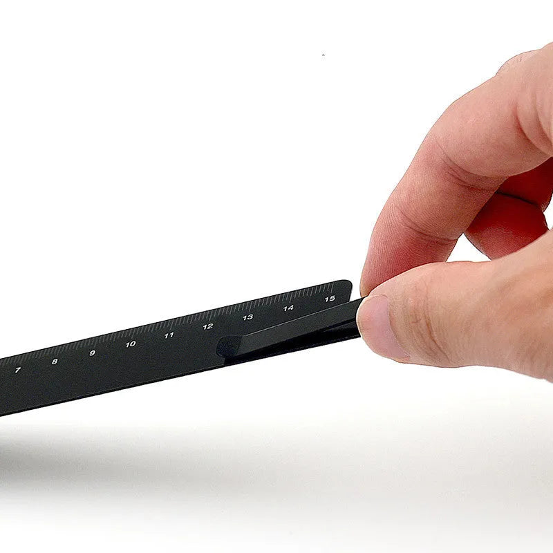 Black grey aluminium bookmark ruler with laser-engraved 15cm measuring scale