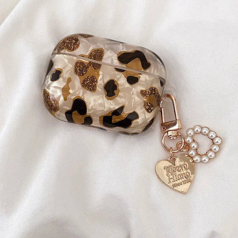 Shell yellow leopard print TPU AirPods case with flip opening and optional ornaments