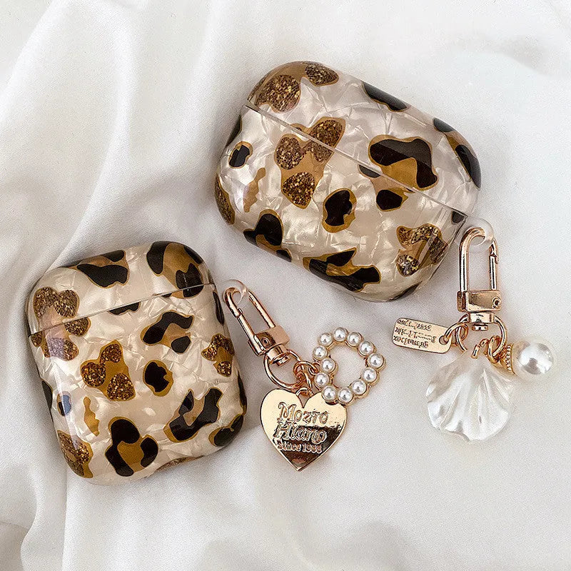 Shell yellow leopard print TPU AirPods case with flip opening and optional ornaments