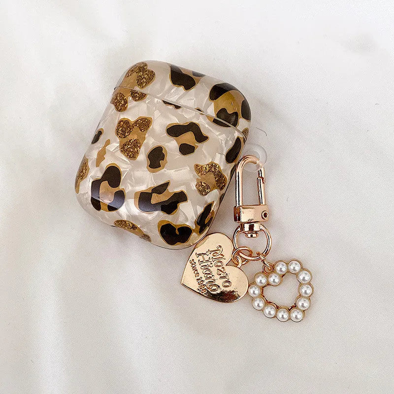 Shell yellow leopard print TPU AirPods case with flip opening and optional ornaments
