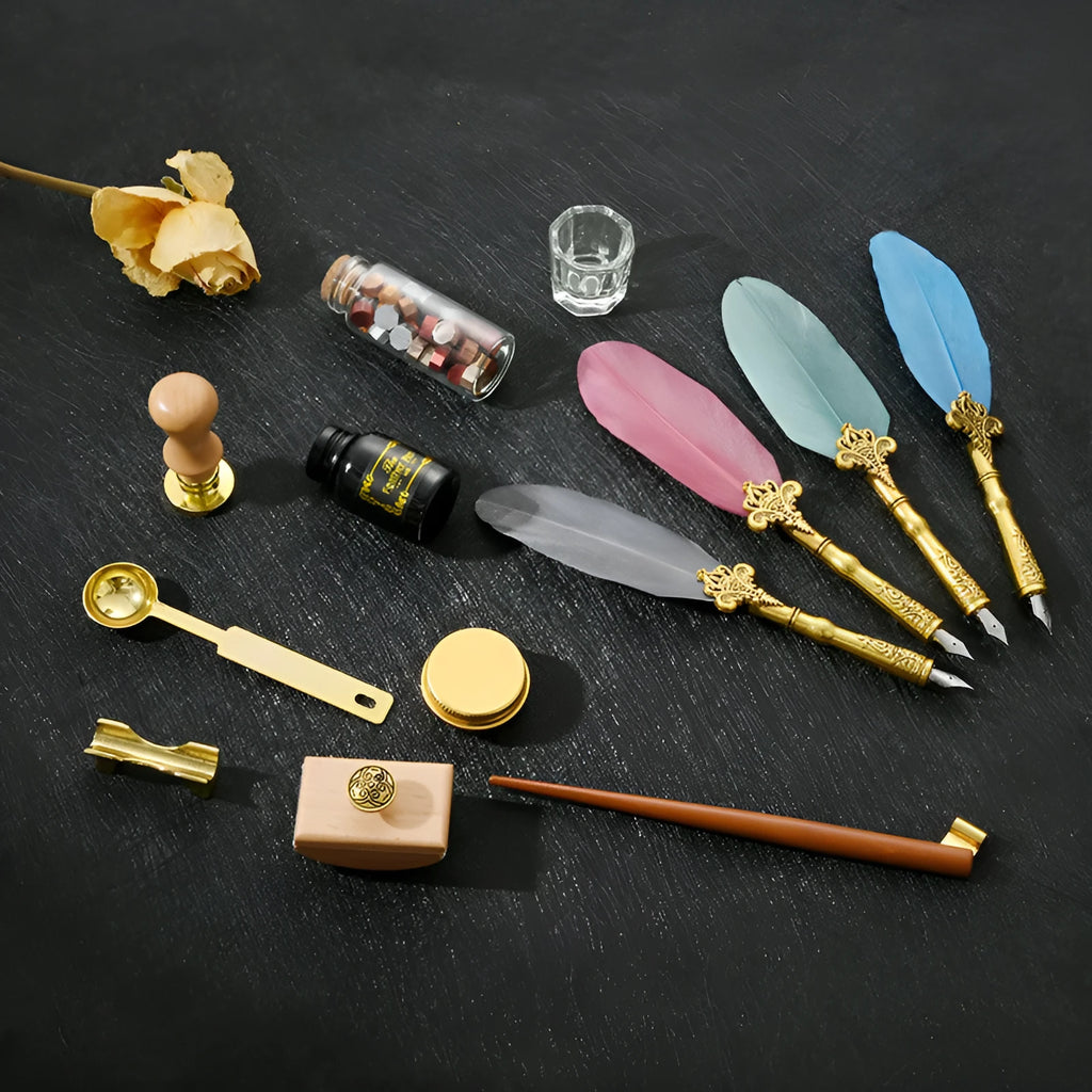 Creative dipped feather pen set in blue with solid wood pen, stainless steel nib, ink bottle, crystal glass, and lacquer wax in gift box