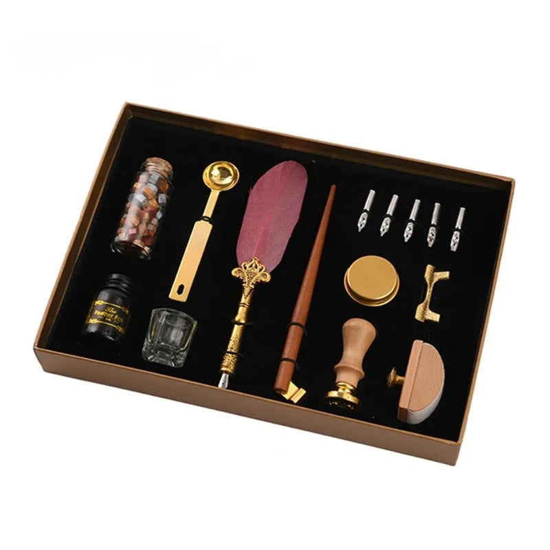 Creative dipped feather pen set in blue with solid wood pen, stainless steel nib, ink bottle, crystal glass, and lacquer wax in gift box