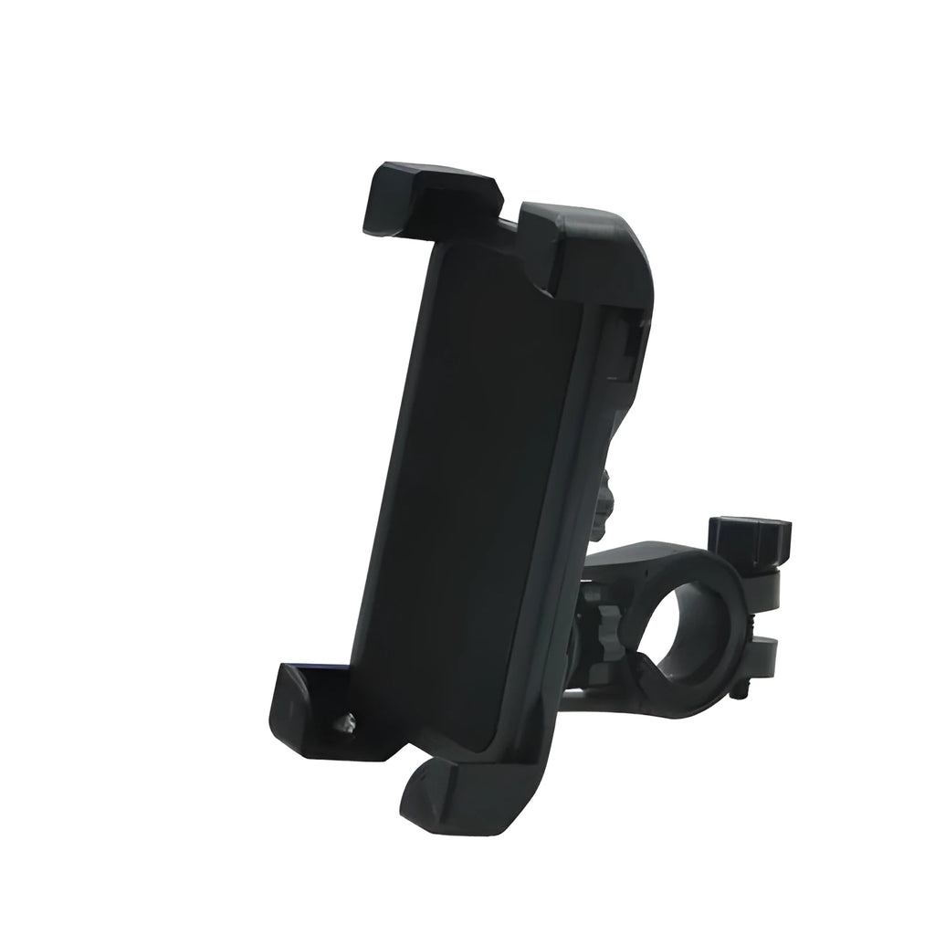 Black bicycle mobile phone bracket mounted on handlebar with four-corner hooks holding a smartphone