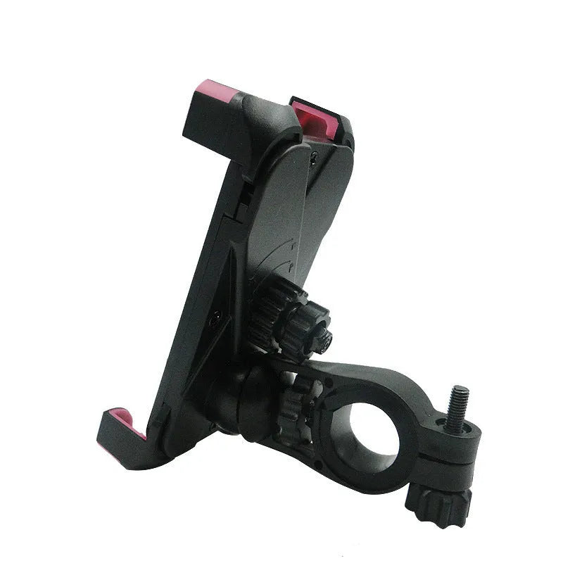 Black bicycle mobile phone bracket mounted on handlebar with four-corner hooks holding a smartphone