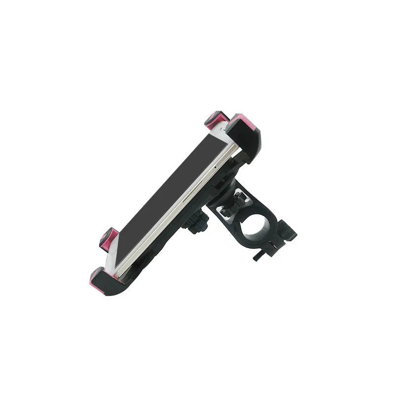 Black bicycle mobile phone bracket mounted on handlebar with four-corner hooks holding a smartphone