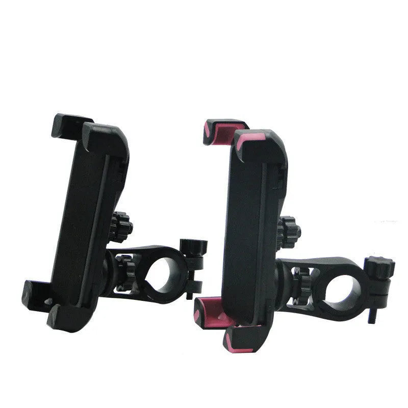 Black bicycle mobile phone bracket mounted on handlebar with four-corner hooks holding a smartphone