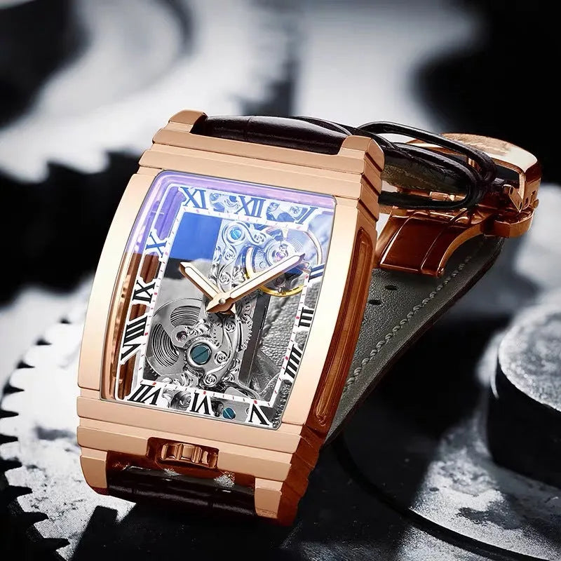 Daystar square manual mechanical watch with stainless steel case and leather strap.