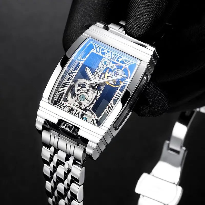Daystar square manual mechanical watch with stainless steel case and leather strap.