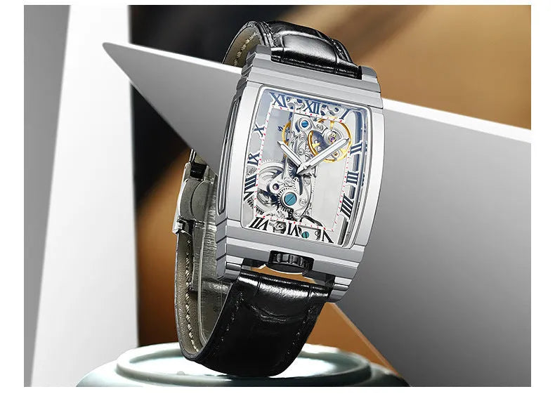 Daystar square manual mechanical watch with stainless steel case and leather strap.