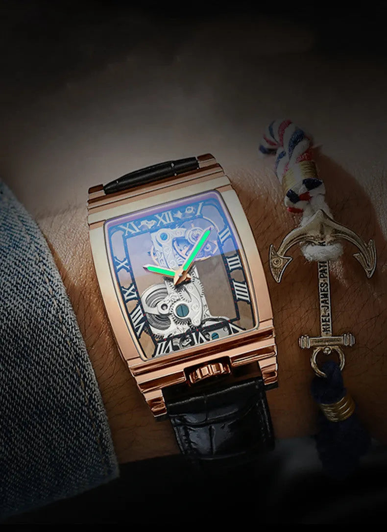 Daystar square manual mechanical watch with stainless steel case and leather strap.