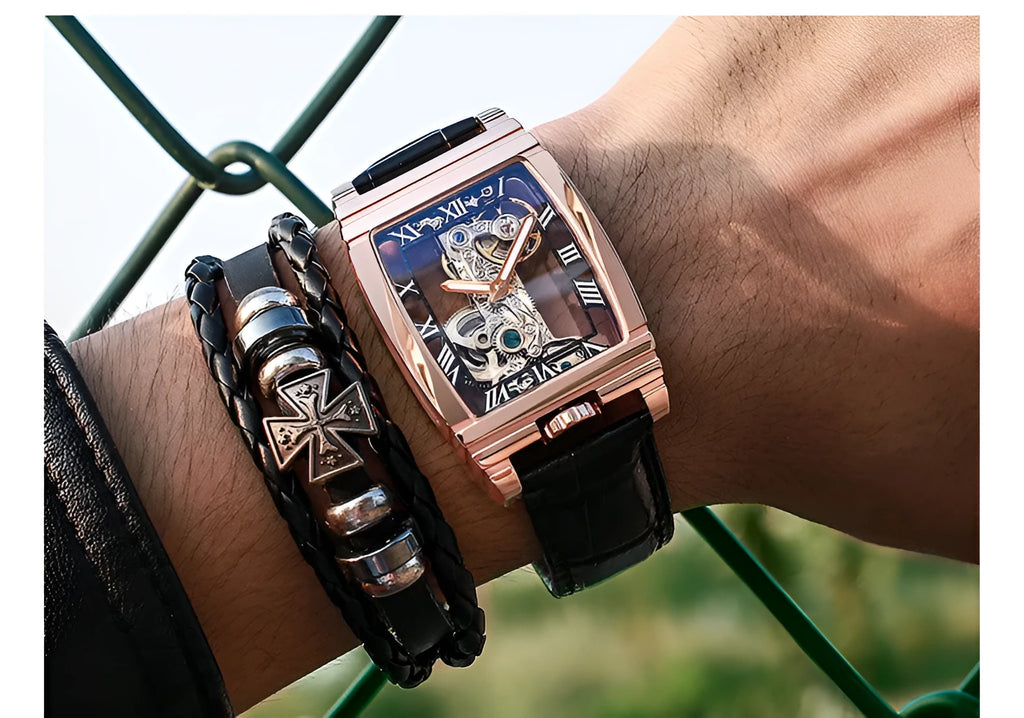 Daystar square manual mechanical watch with stainless steel case and leather strap.