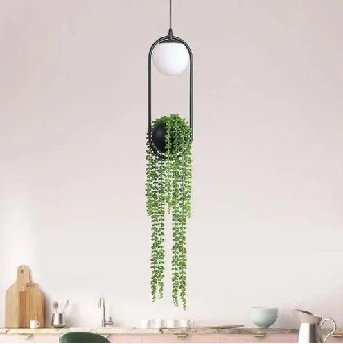 Iron aisle chandelier with fishing line lamp shape and optional plant pot decoration