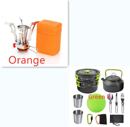 Hard alumina camping cookware set with saucepan, frying pan, 800ml teapot, two 175ml stainless steel cups, cutlery and mesh bag