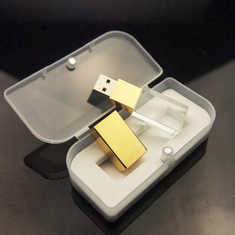 Crystal USB flash drive with transparent glass and stainless steel shell, 60 x 18 x 10mm, in gold, rose gold, or silver