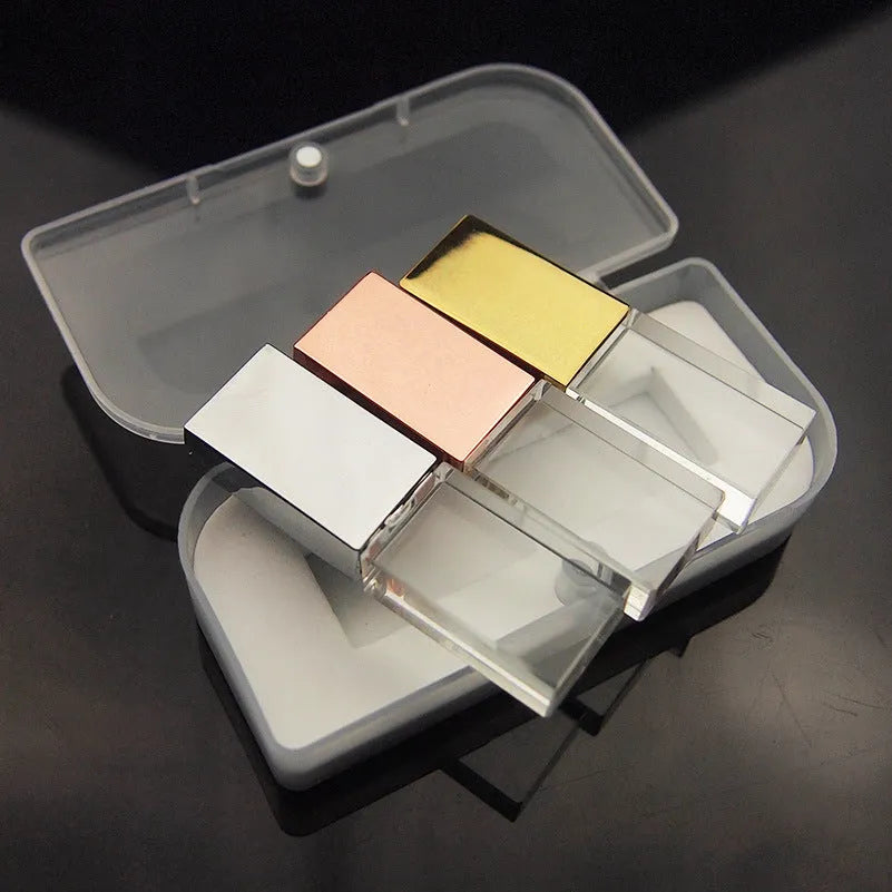 Crystal USB flash drive with transparent glass and stainless steel shell, 60 x 18 x 10mm, in gold, rose gold, or silver