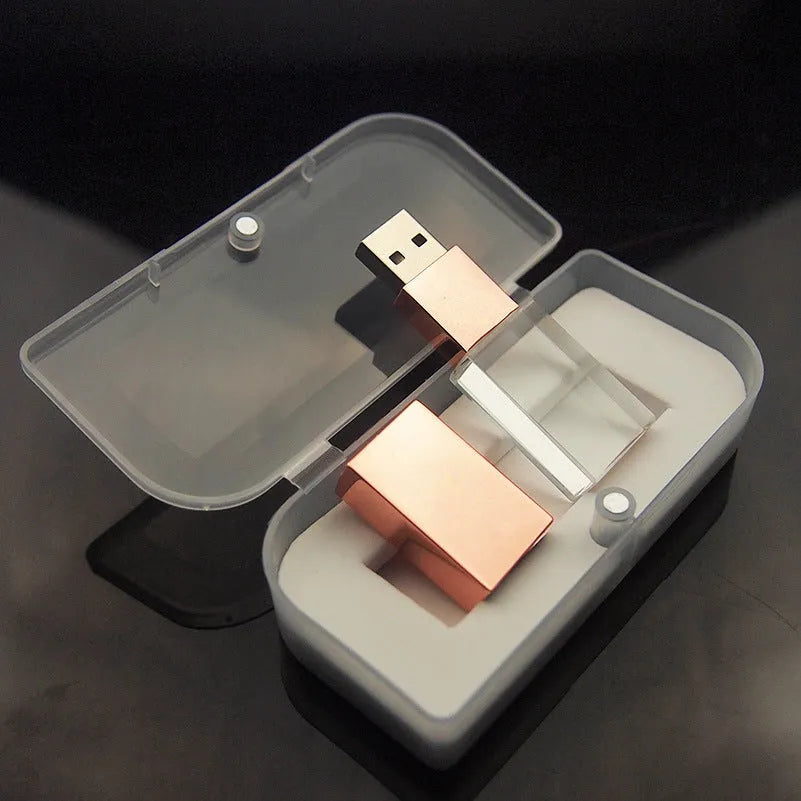 Crystal USB flash drive with transparent glass and stainless steel shell, 60 x 18 x 10mm, in gold, rose gold, or silver