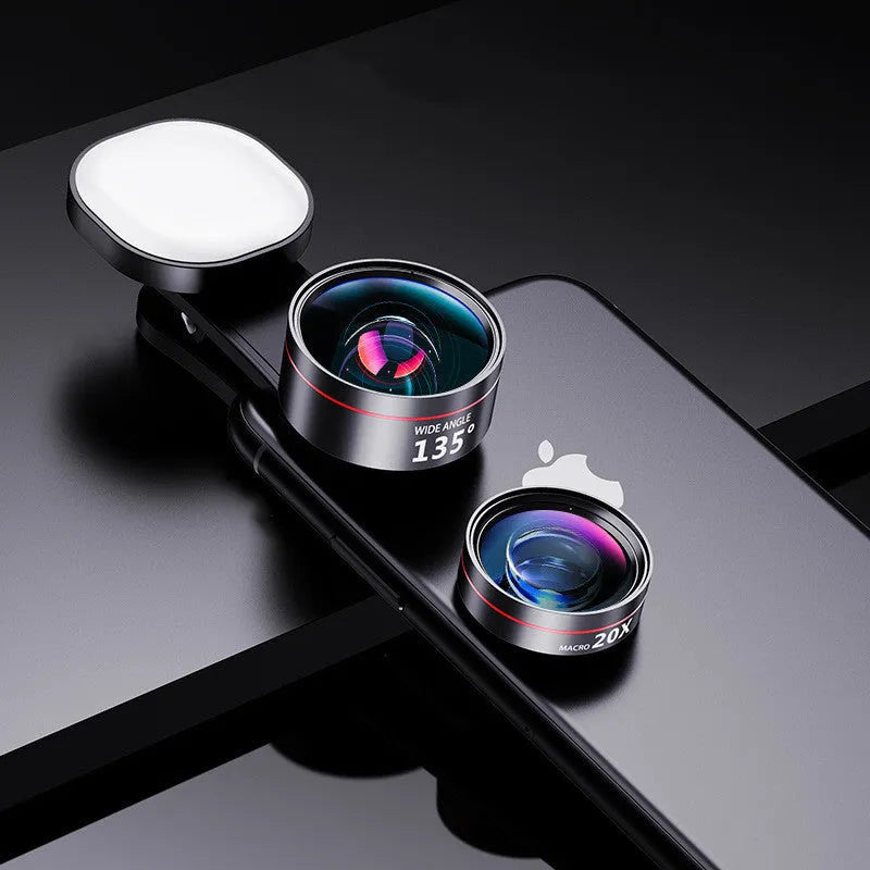 Universal mobile phone fill light accessory with clip-on design and lens options for improved photography