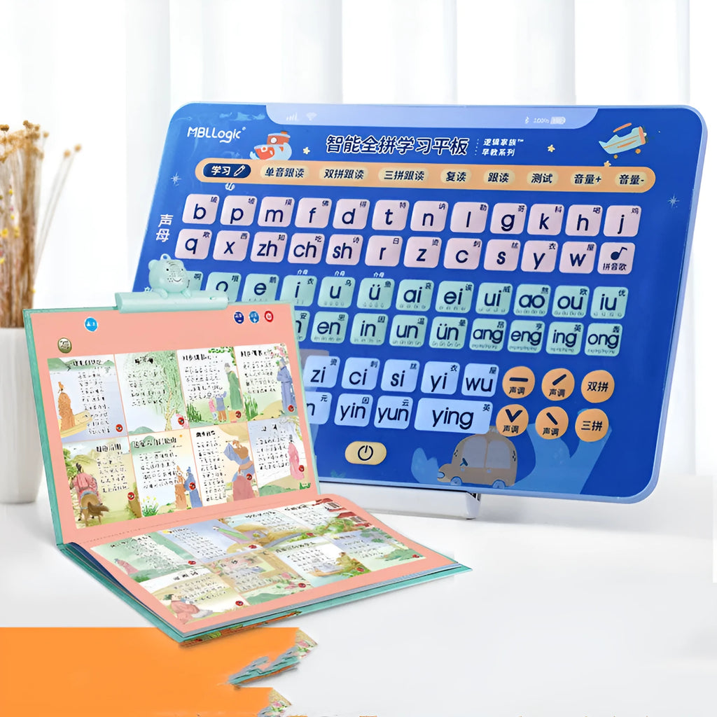 Chinese character learning wall chart with electronic tablet and pinyin cards for children's education