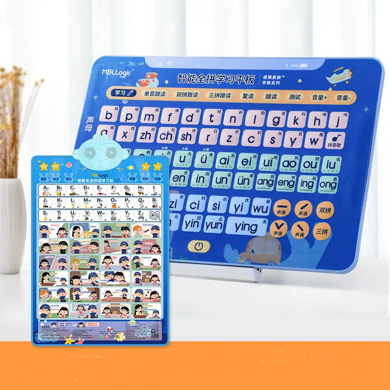 Chinese character learning wall chart with electronic tablet and pinyin cards for children's education