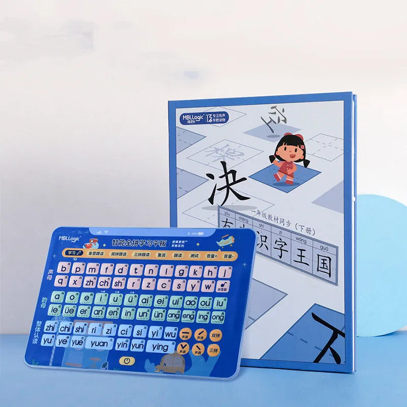 Chinese character learning wall chart with electronic tablet and pinyin cards for children's education