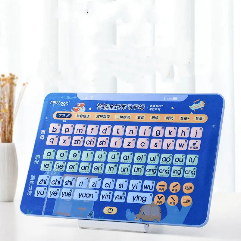 Chinese character learning wall chart with electronic tablet and pinyin cards for children's education