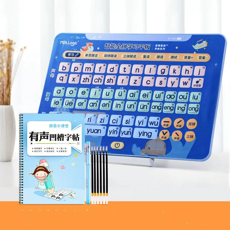Chinese character learning wall chart with electronic tablet and pinyin cards for children's education