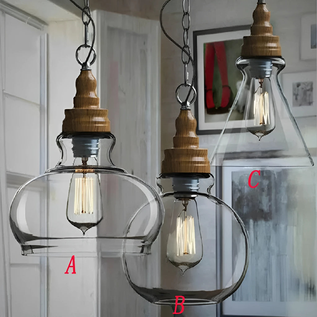 Glass wood grain single head pendant light with adjustable cord on white background