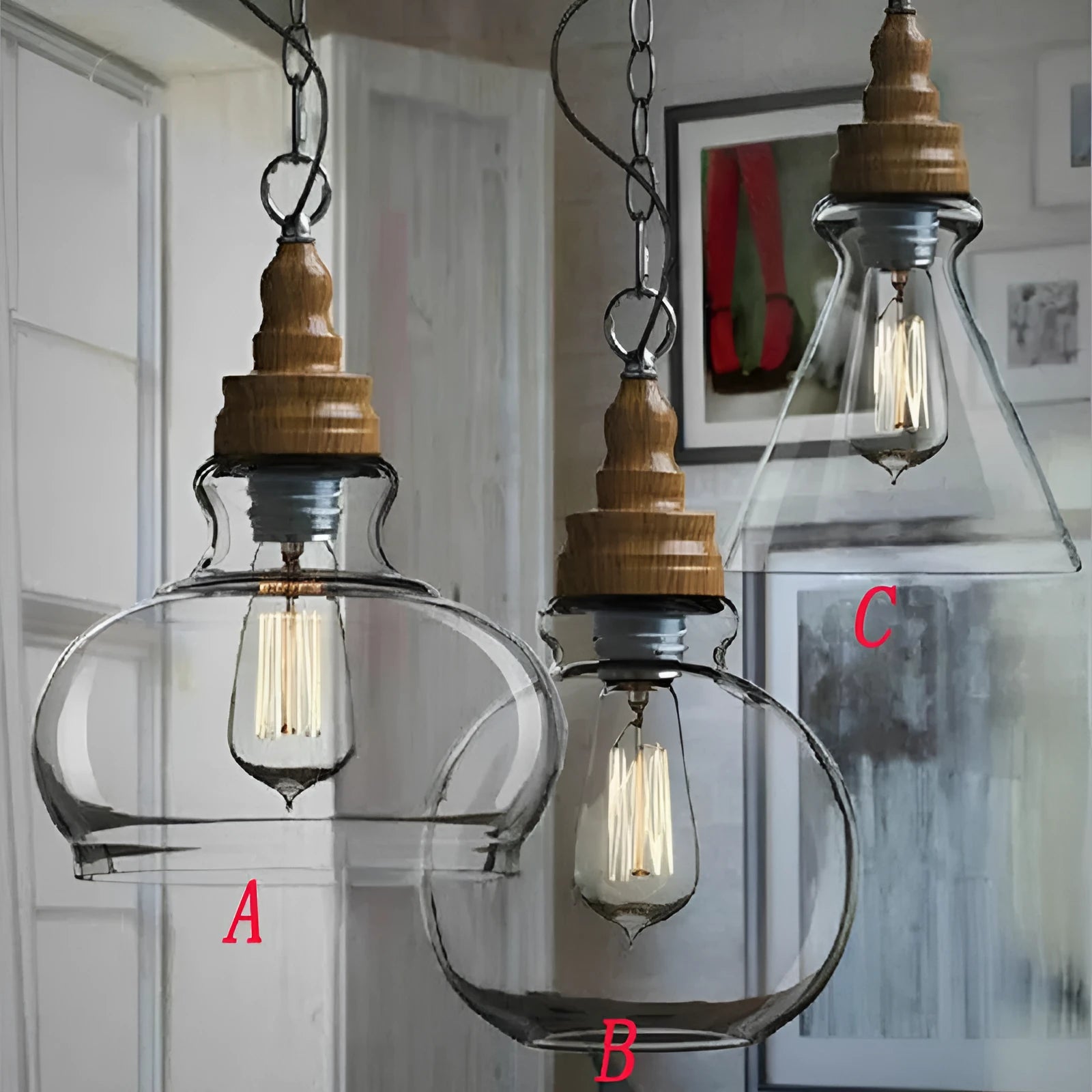 Glass wood grain single head pendant light with adjustable cord on white background