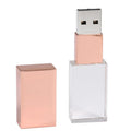 Crystal USB flash drive with transparent glass and stainless steel shell, 60 x 18 x 10mm, in gold, rose gold, or silver