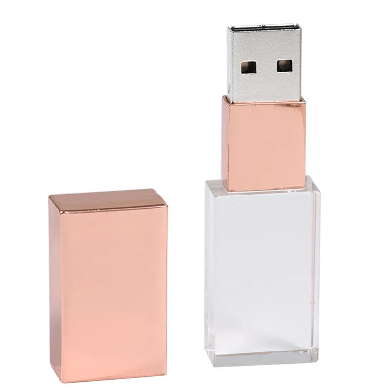 Crystal USB flash drive with transparent glass and stainless steel shell, 60 x 18 x 10mm, in gold, rose gold, or silver