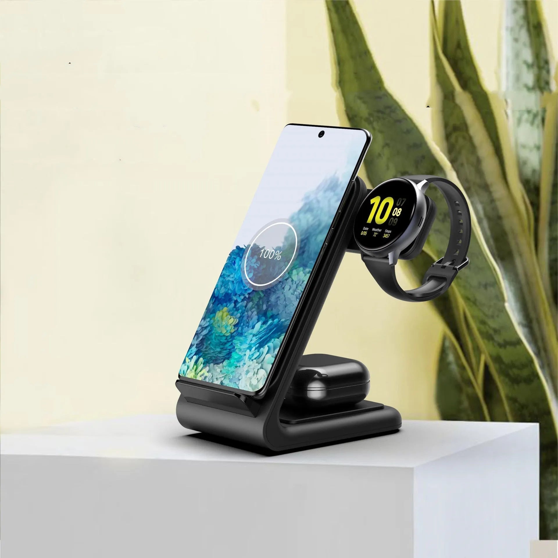 Black three-in-one wireless fast charging bracket holding an iPhone and an Apple Watch