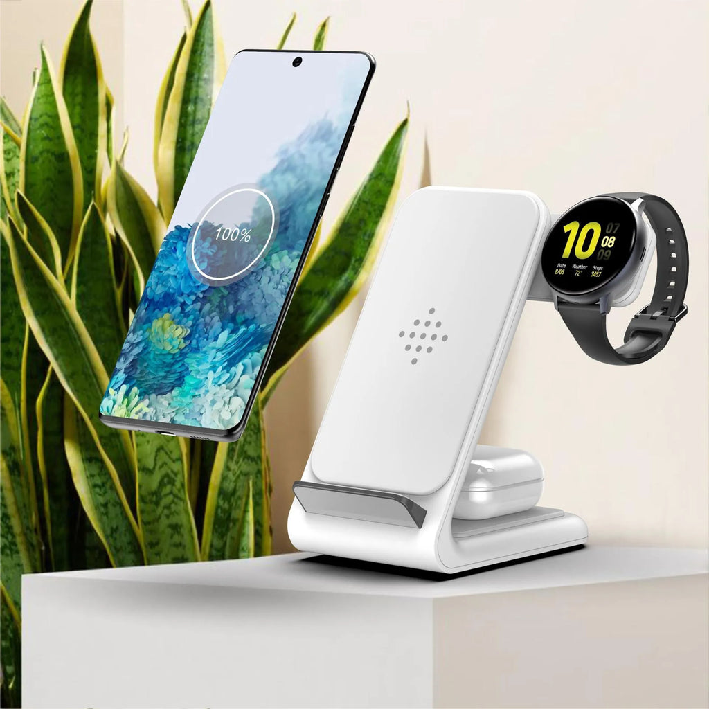 Black three-in-one wireless fast charging bracket holding an iPhone and an Apple Watch