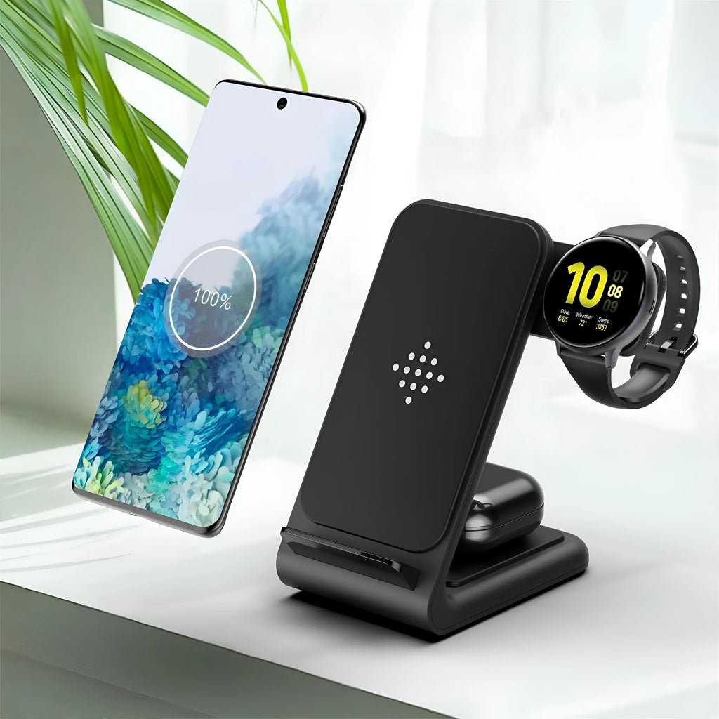 Black three-in-one wireless fast charging bracket holding an iPhone and an Apple Watch