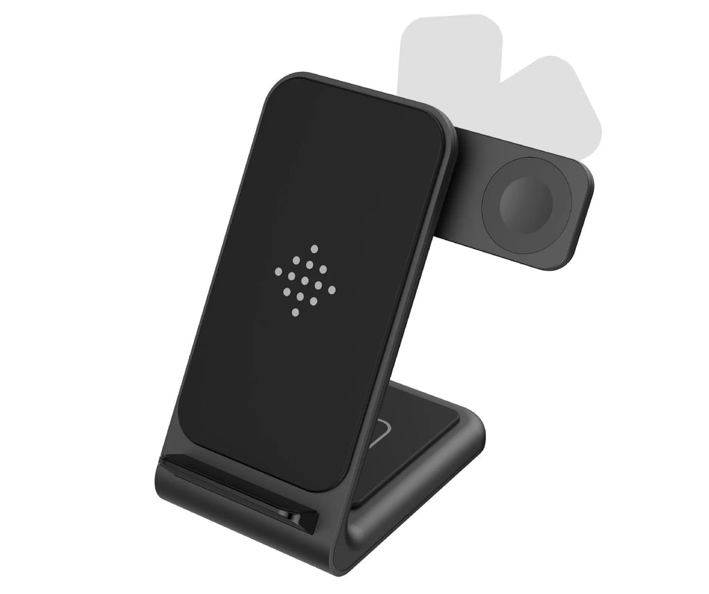 Black three-in-one wireless fast charging bracket holding an iPhone and an Apple Watch