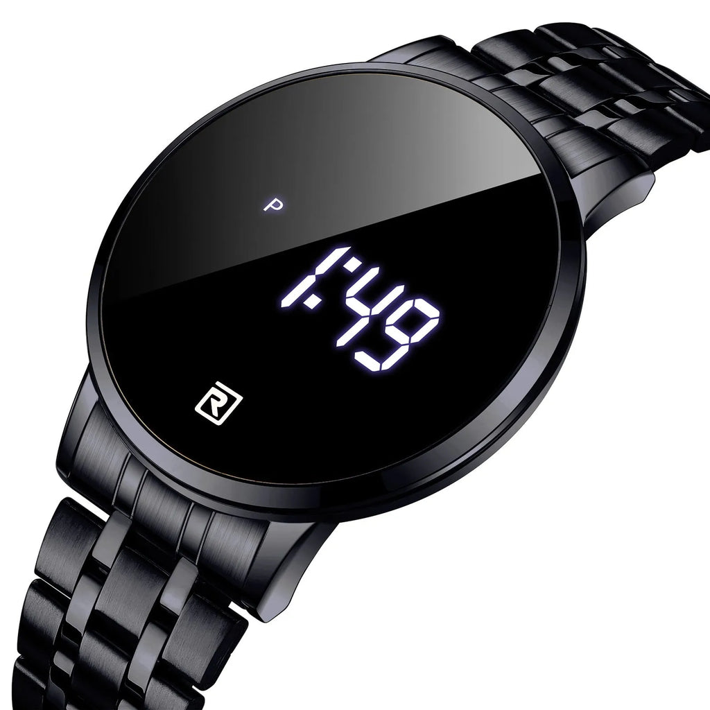 Touch screen digital display calendar electronic watch with alloy case in gold colour option