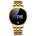 Touch screen digital display calendar electronic watch with alloy case in gold colour option