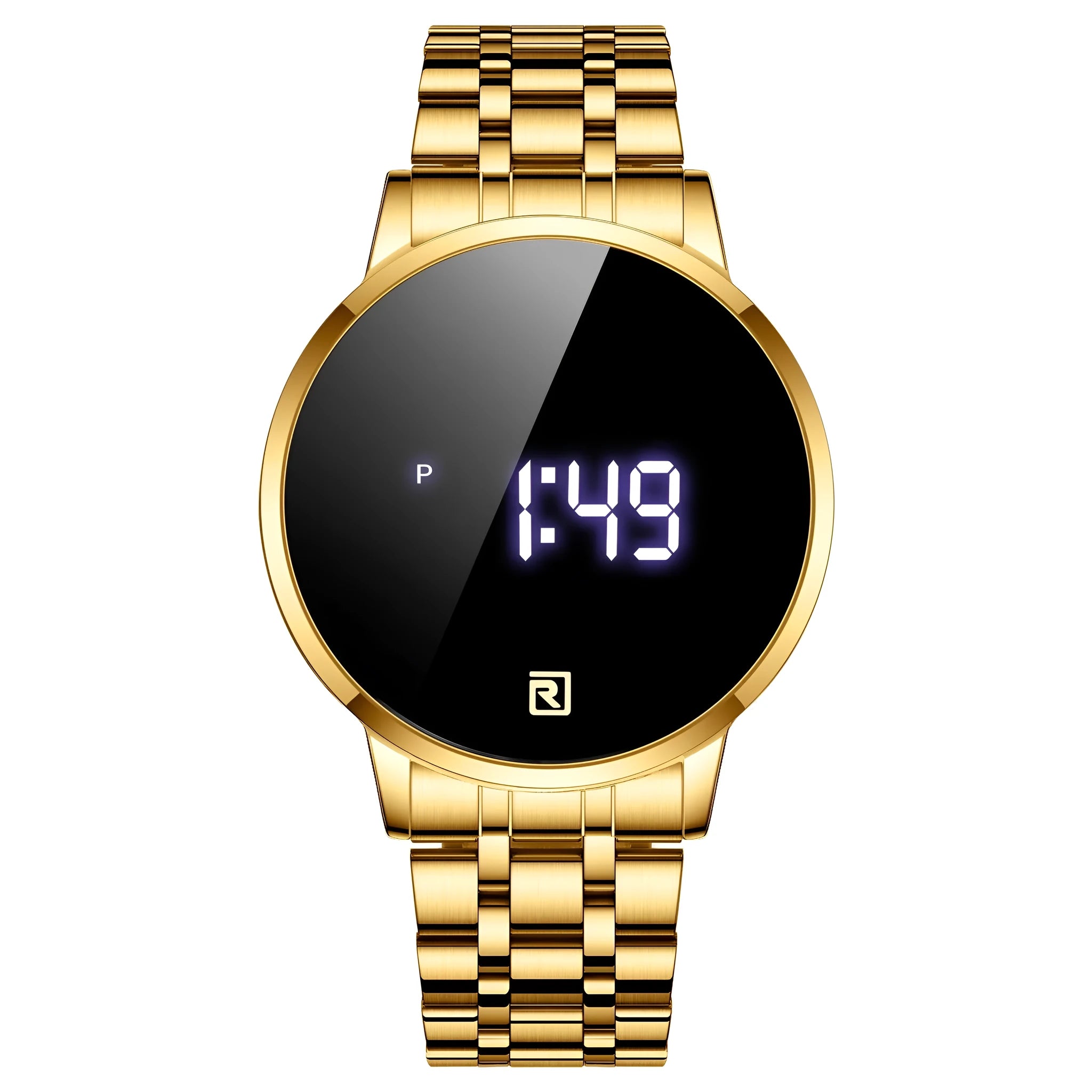 Touch screen digital display calendar electronic watch with alloy case in gold colour option