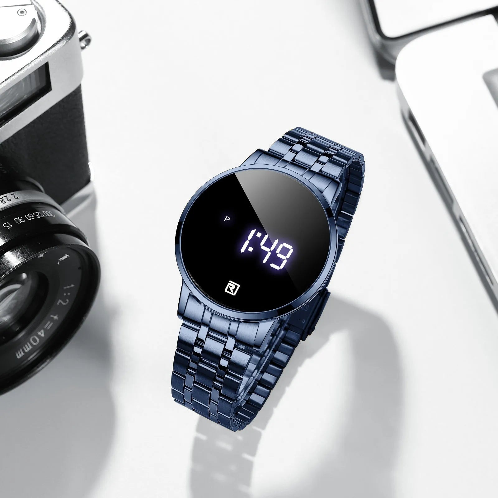 Touch screen digital display calendar electronic watch with alloy case in gold colour option