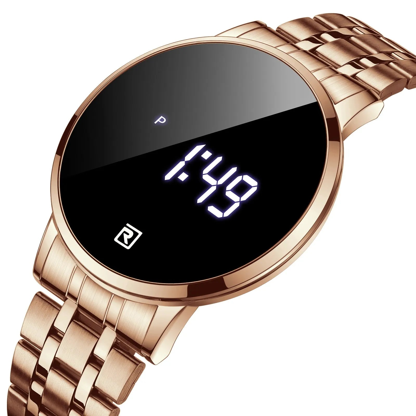 Touch screen digital display calendar electronic watch with alloy case in gold colour option