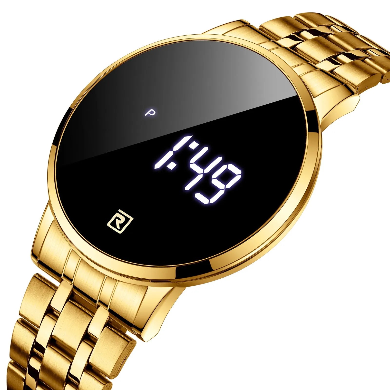 Touch screen digital display calendar electronic watch with alloy case in gold colour option