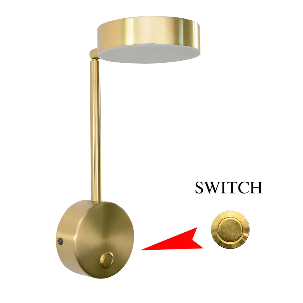 Gold square LED wall lamp 100x400mm with acrylic shade and rotary key switch on white wall
